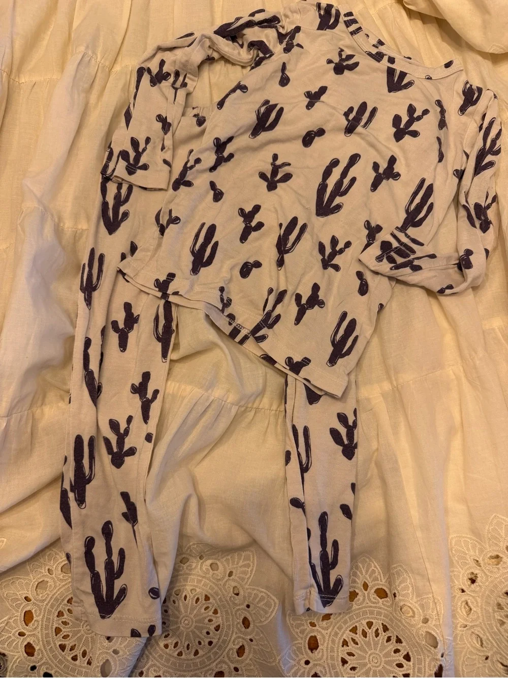 Posh Peanut Cream Pajama Set with Cactus Print
